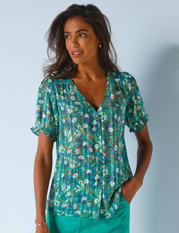 Bloes in bedrukte voile (smaragdgroen)