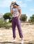 T-shirt col rond imprimé tropical (écru / violine)