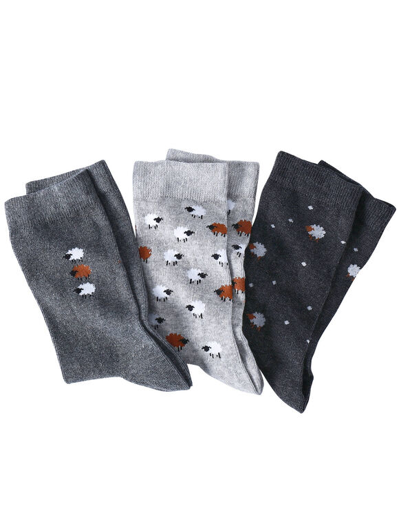 Chaussettes fantaisie motifs &laquo; moutons &raquo; - lot de 3 paires (gris chin&eacute;)