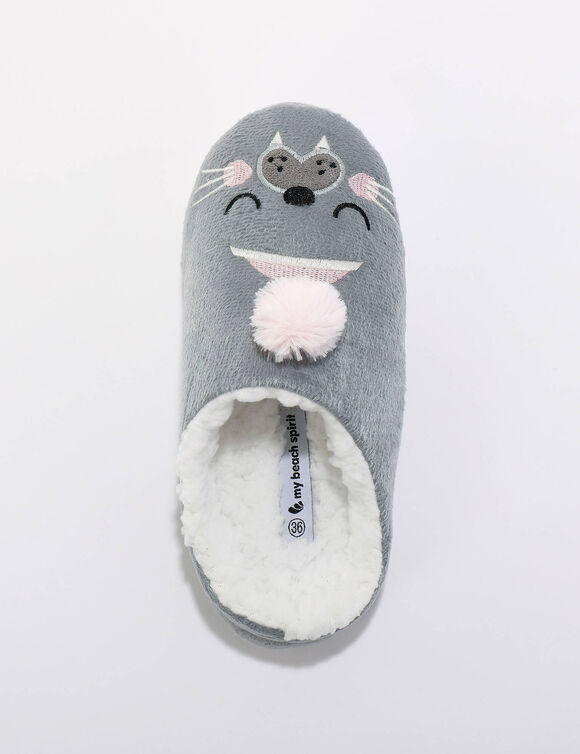 Mules pompon imprimé otarie (gris)