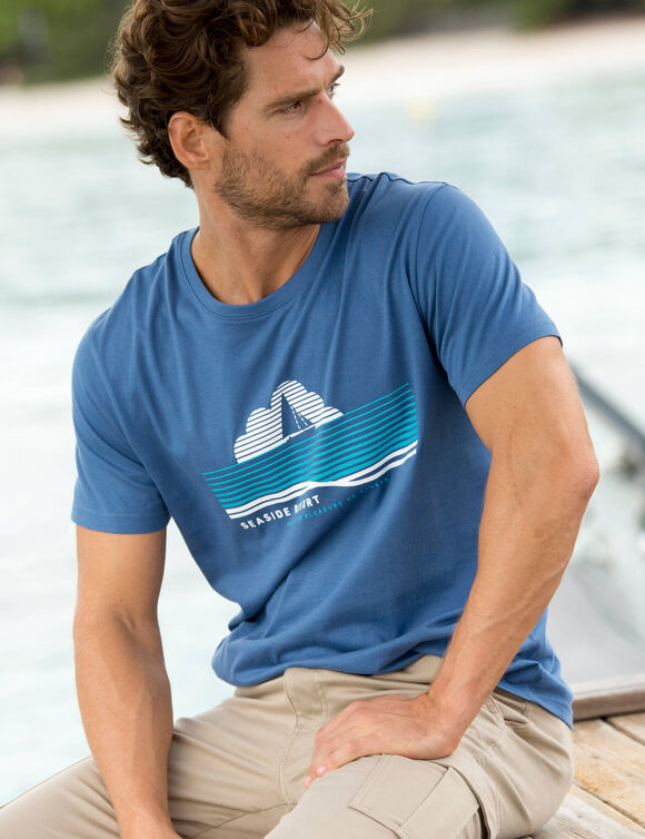 T-shirt col rond motif placé manches courtes (bleu)