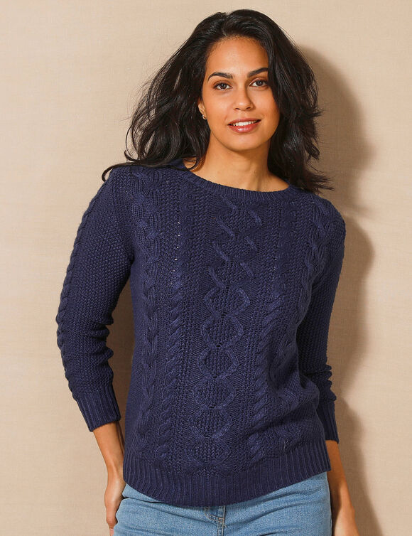 Trui in kabeltricot, ronde hals (marine)