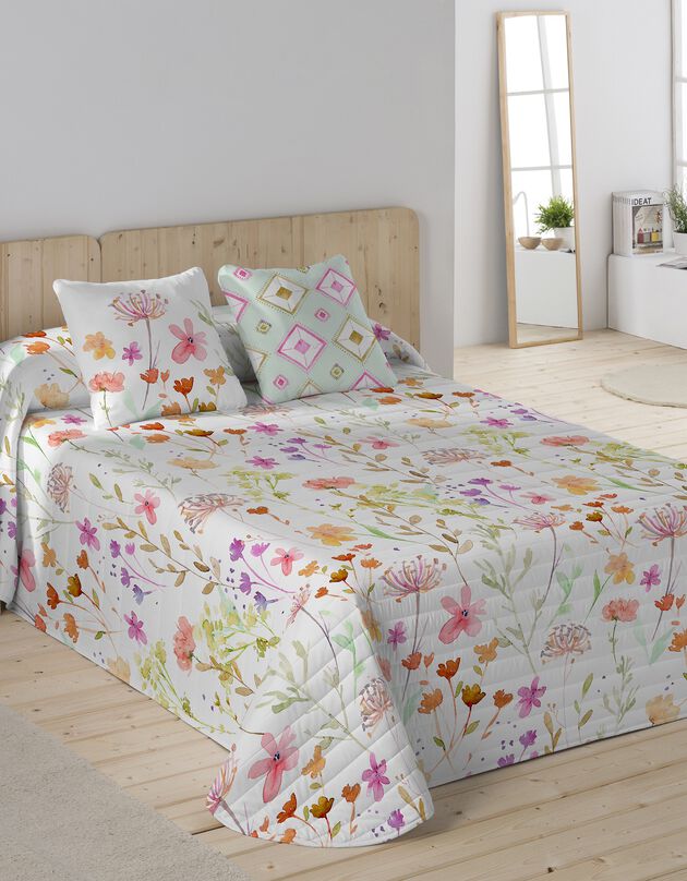Gematelasseerd deken met bloemenprint, Fleurs d'été (wit / roze)