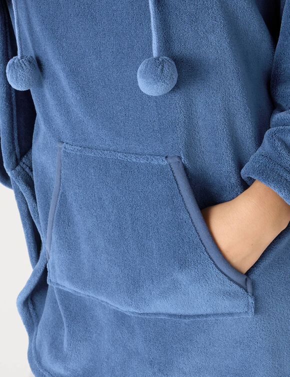 Poncho &agrave; capuche, maille polaire toucher peluche (bleu)