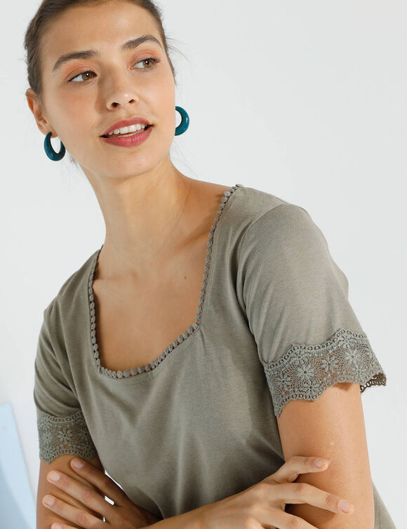 T-shirt col carré galon fantaisie (kaki)