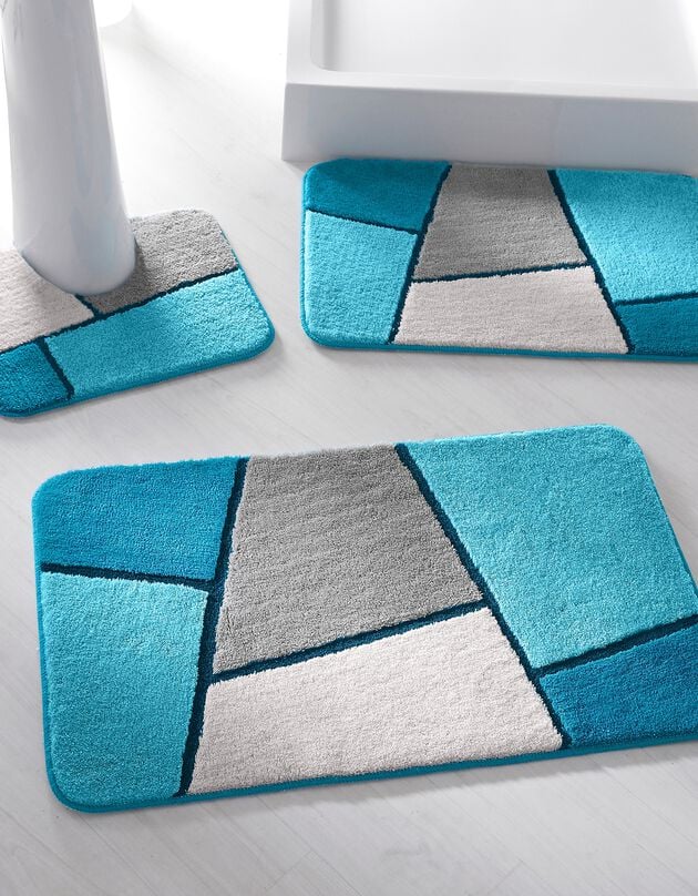 Tapis de bain motif géométrique, turquoise, hi-res