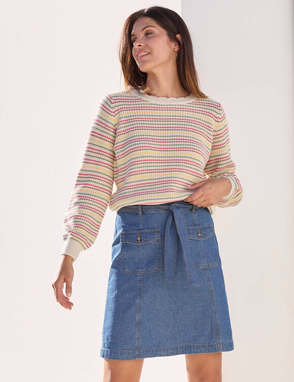 Pull ray&eacute; effet d&eacute;grad&eacute;, maille anglaise. (blanc cass&eacute; / jaune)