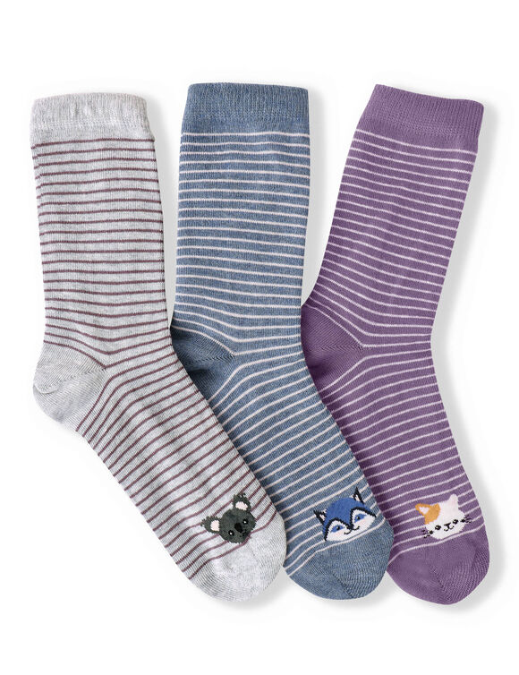 Chaussettes rayées fantaisie à motifs animaux - lot de 3 (gris + bleu + mauve)