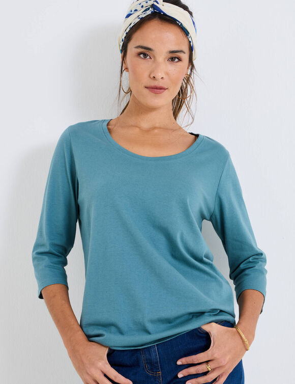 T-shirt manches 3/4 uni, coton (vert grisé)