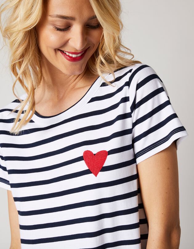 Gestreept T-shirt met 'hart' borduursel, ingeweven motieven (wit / blauw)