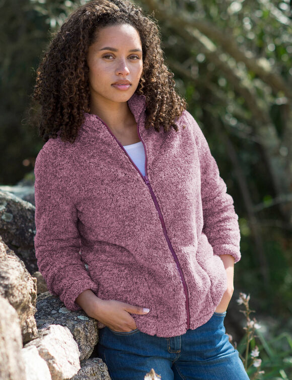Veste zippée, maille peluche (prune chiné)
