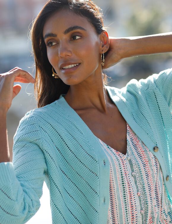 Cardigan boutonné, maille fantaisie ajourée (céladon)