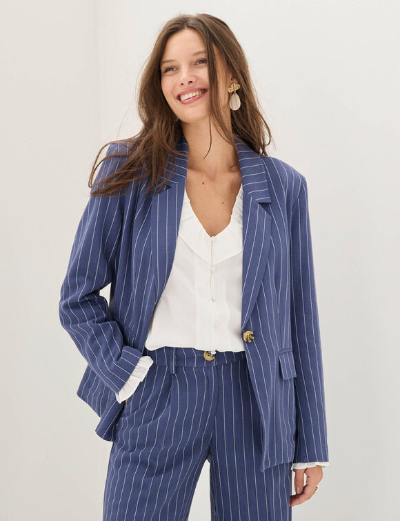 Veste blazer ray&eacute;e, viscose-lin (bleu)