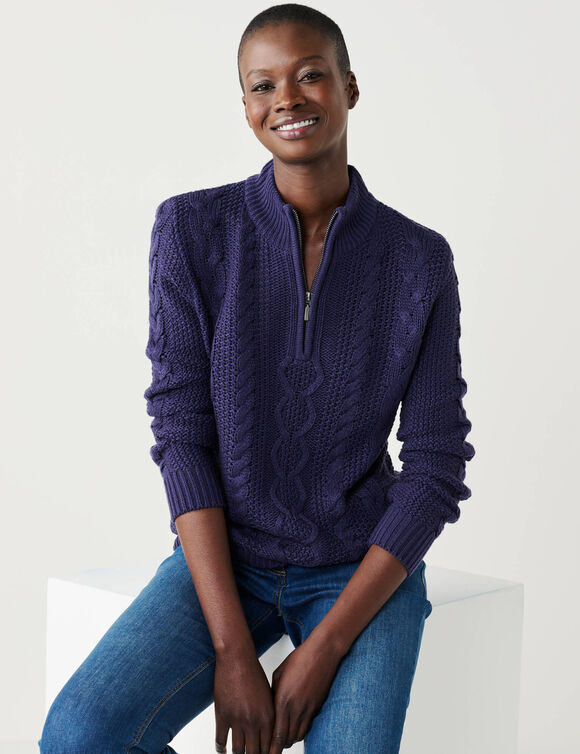Pull col montant zipp&eacute;, maille torsad&eacute;e (bleu marine)