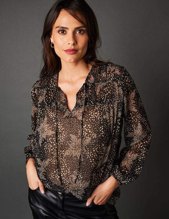 Blouse voile fluide imprimé minimaliste bicolore (noir / grège)
