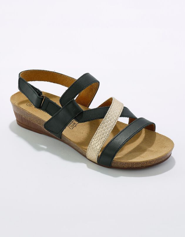 Leren sandalen met sleehak in houtstijl en scratchsluiting, zool in kurk (zwart)