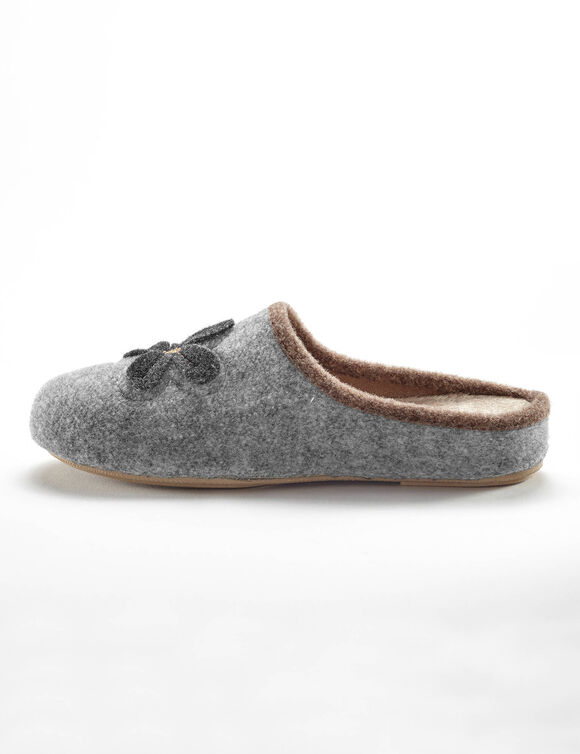 Chaussons mules fleur appliquée - largeur confort (gris chiné)