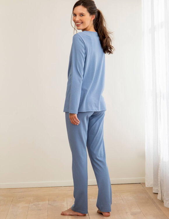 Pyjama en coton motif plac&eacute; ourson manches longues  (bleu gris&eacute;)