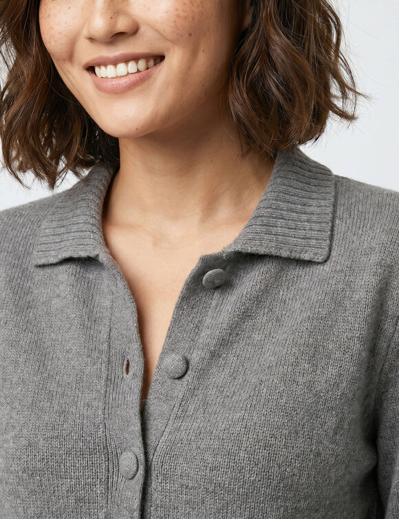 Gilet col polo uni, maille moelleuse (gris chin&eacute;)