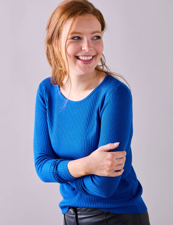 Pull col rond manches longues maille côtelée (bleu vif)