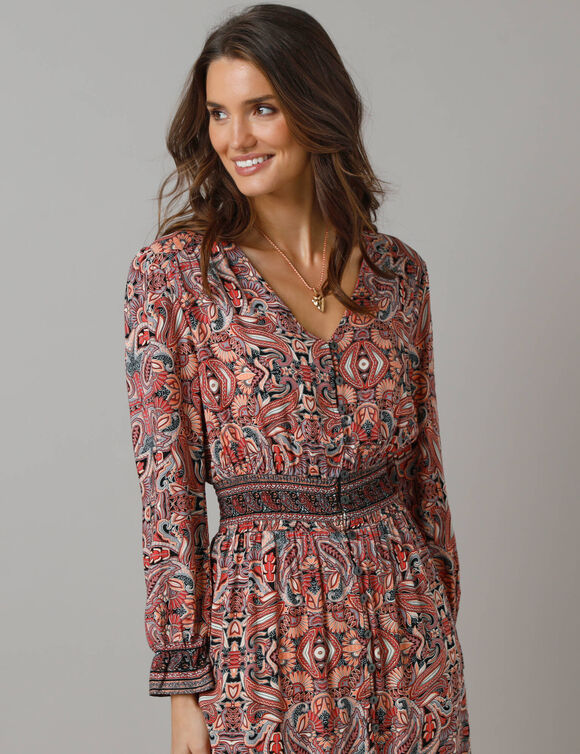 Robe longue boutonn&eacute;e imprim&eacute;e, taille smock&eacute;e (multicolore)