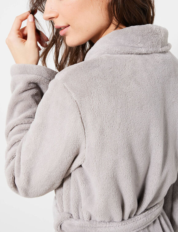 Fleece-badjas met pluche-achtige textuur en lange mouwen, lengte 115 cm (grijs)
