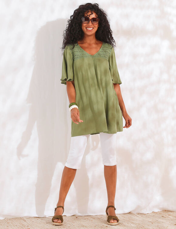 Tunique longue, col V macram&eacute; (kaki)