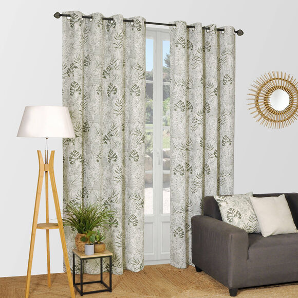 Gordijn met oogringen, tweekleurige jungleprint (kaki / naturel)