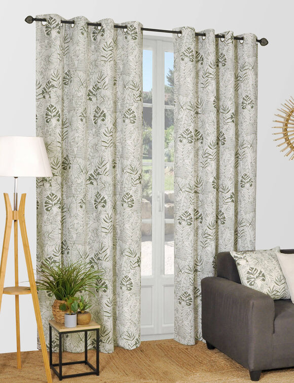 Rideau &agrave; &oelig;illets, imprim&eacute; esprit jungle bicolore (kaki / naturel)