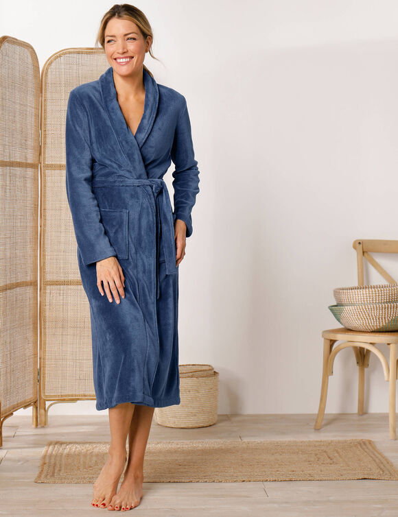 Peignoir in fleece met pluchetouch - 115 cm lang, lange mouwen (blauw)