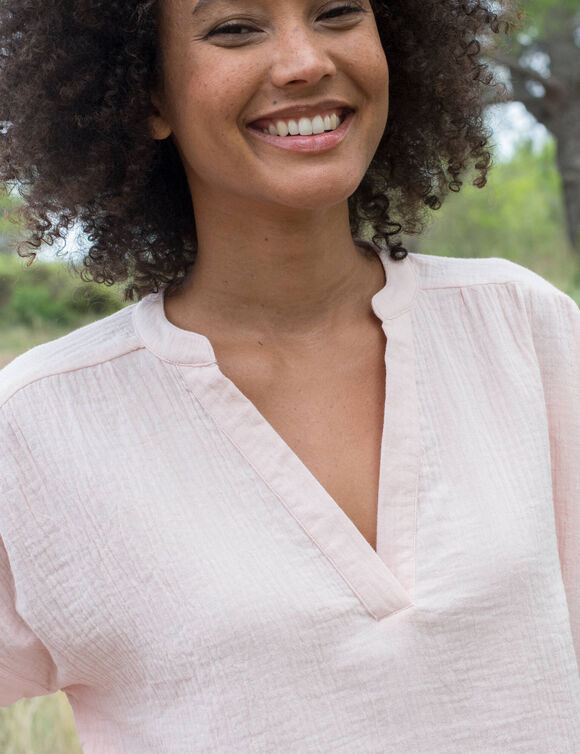 Blouse col tunisien unie en double gaze de coton  (rose poudr&eacute;)