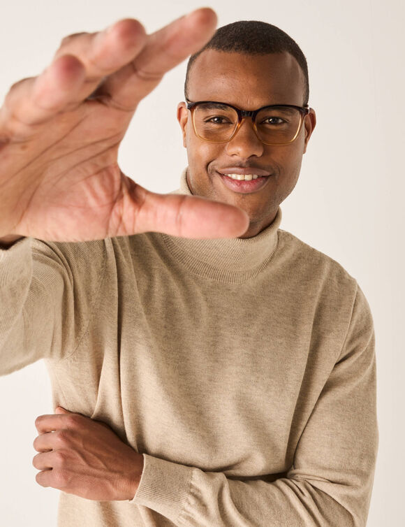 Pull col roul&eacute; en laine m&eacute;lang&eacute;e (taupe clair)