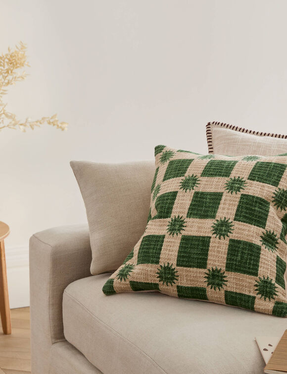 Coussin imprim&eacute; soleil et damier (vert / &eacute;cru)