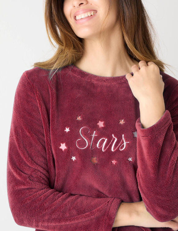Lang nachthemd met sterrenborduursels, fleece (bordeaux)