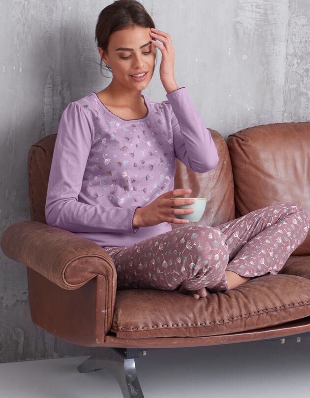 Tee-shirt pyjama coton fleuri manches longues (parme)