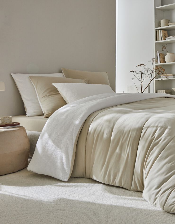 Omkeerbaar bedlinnen in jerseyfleece met pluchetouch (zandkleur)