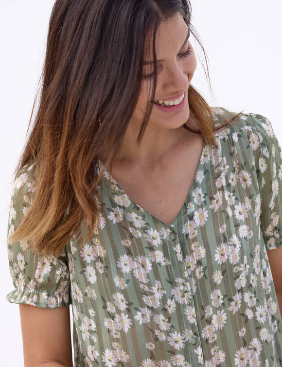 Chemisier manches blousantes imprim&eacute; floral, voile jacquard (kaki / &eacute;cru)