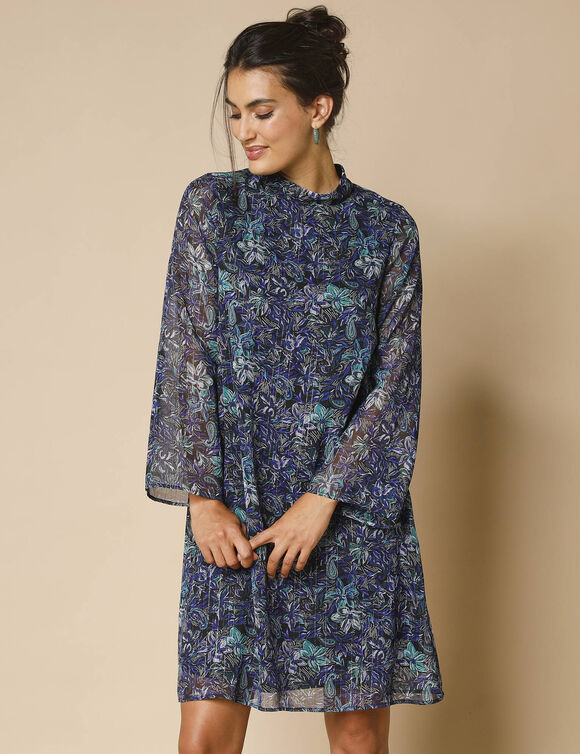 Robe courte évasée imprimée, voile fils brillants (bleu nuit)