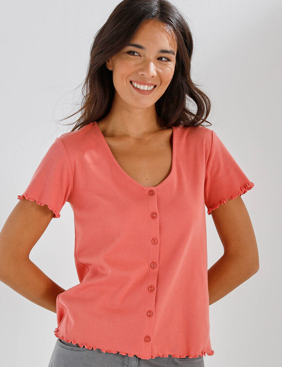 T-shirt col V boutonn&eacute;, finition frisottis (corail)
