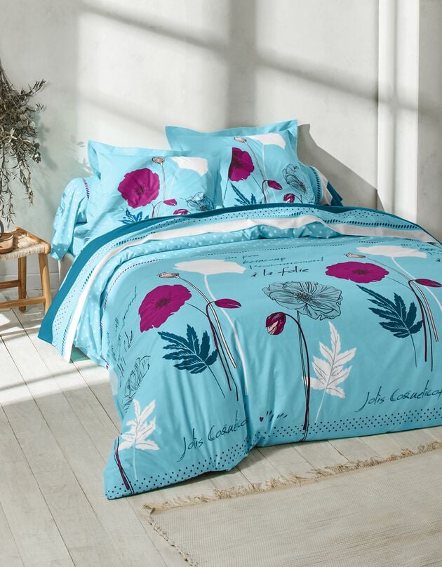 Linge de lit Coquely en polycoton à motifs coquelicot, bleu, hi-res
