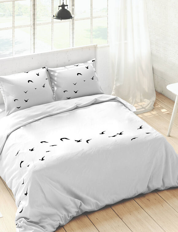 Linge de lit Oiseaux en coton imprimé (blanc)