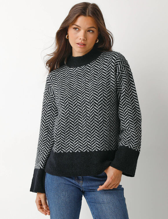 Pull loose col montant, bicolore (noir / écru)