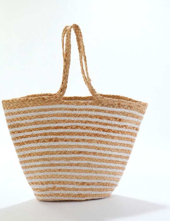 Gestreepte shopper tas in jute en katoen (naturel)