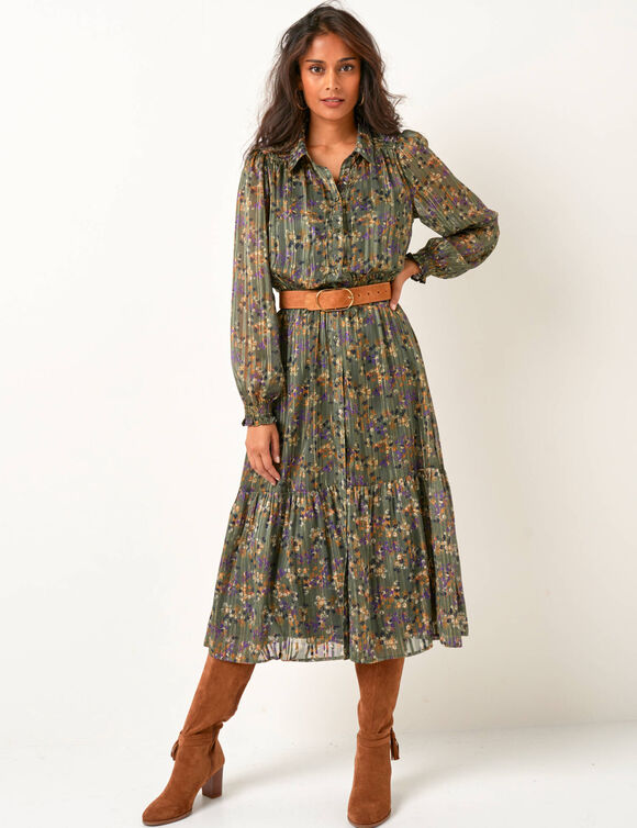 Robe-chemisier longue en voile jacquard imprim&eacute; floral (kaki / caramel)