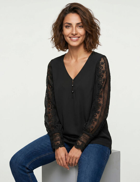 Macram&eacute;-blouse met V-hals en lange mouwen, vloeiende cr&ecirc;pe (zwart)