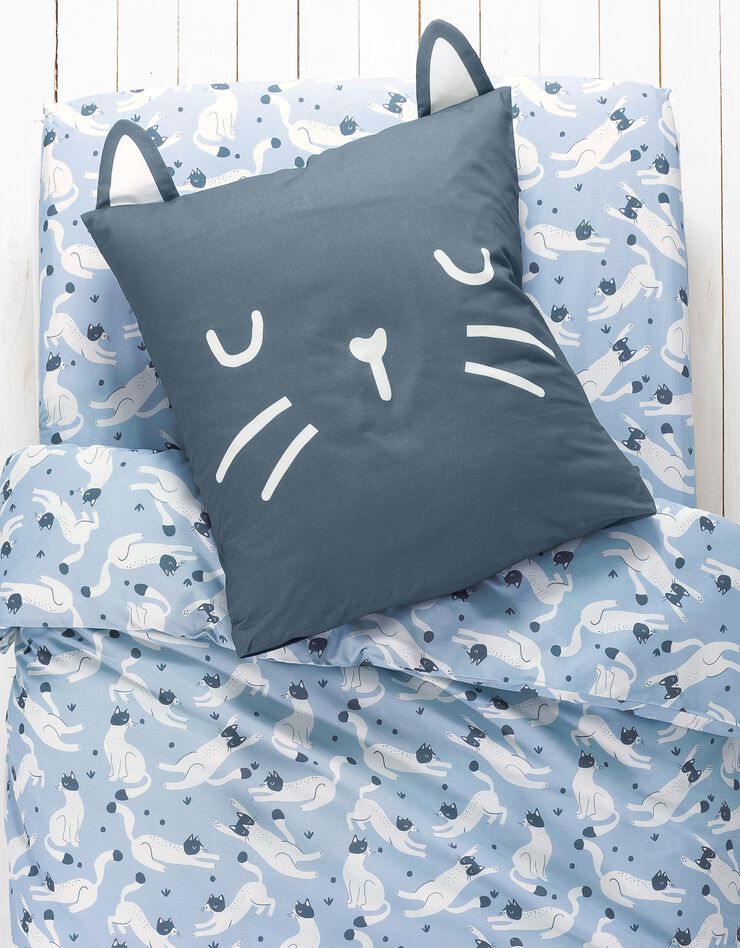 Linge de lit enfant imprimé chats Miaou 1 personne - coton biologique, bleu Linge de lit enfant imprimé chats Miaou 1 personne - coton biologique, bleu, hi-res image number 1