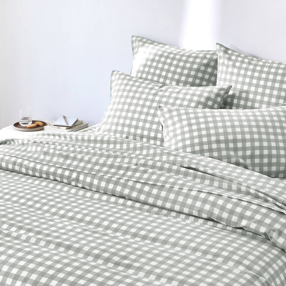Linge de lit Lou imprim&eacute; carreaux - en coton (kaki clair)