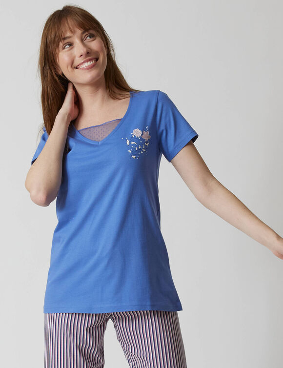 Pyjamashirt met korte mouwen en bloemenmotief (jeansblauw)