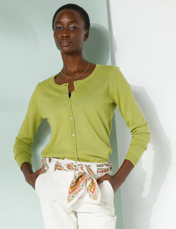 Cardigan boutonné col rond uni, toucher doux (vert mousse)