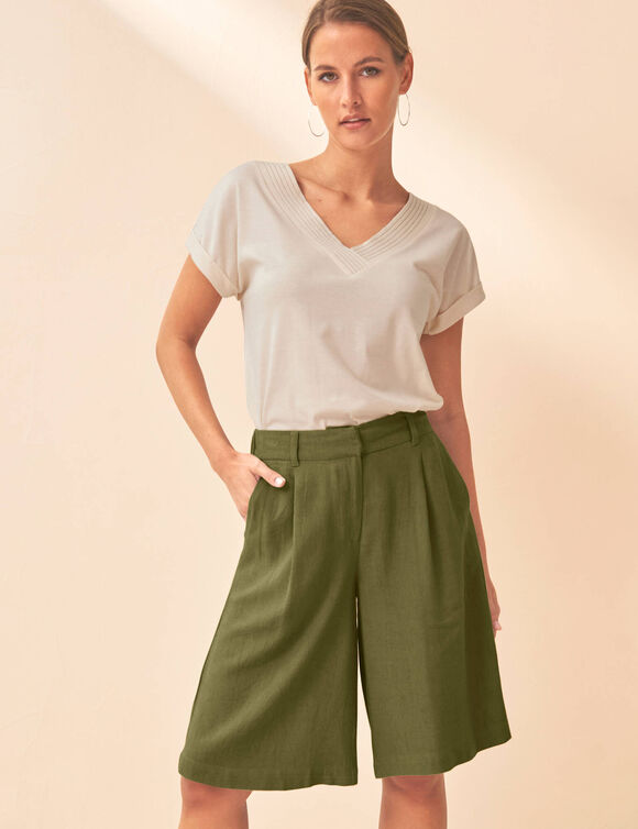 Bermuda coupe large, lin m&eacute;lang&eacute; (kaki)